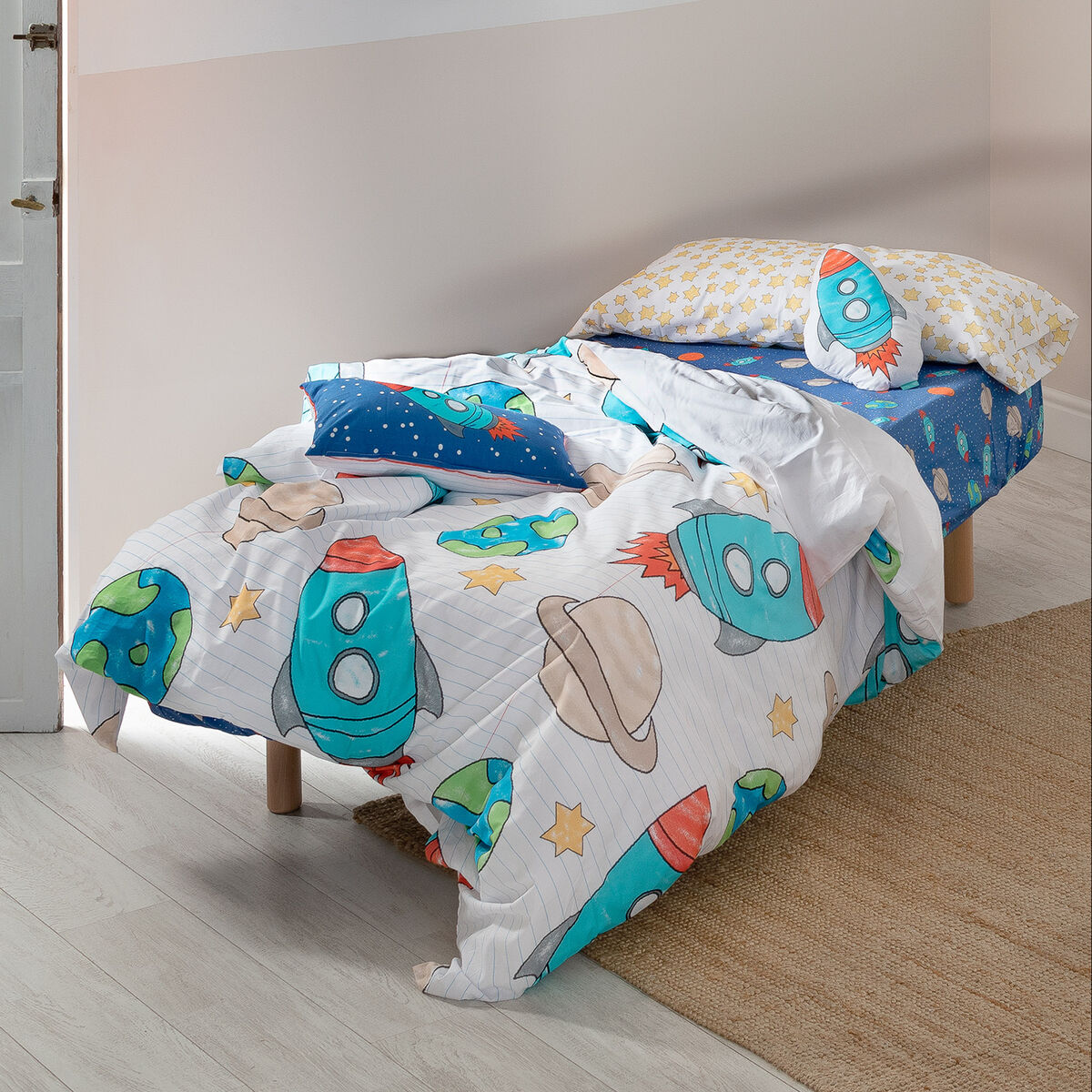 Set husă de pătură HappyFriday Mr Fox Space rocket Multicolor Pat 105 2 Piese